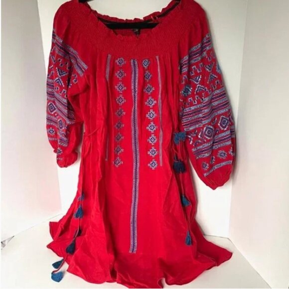 Anthropologie Off Shoulder Embroidered Boho Dress Small Red Cotton Summer Tassel - Picture 3 of 10